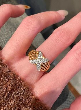 麻花交叉排钻镂空戒指女中古轻奢个性气质百搭时尚法式食指戒指环