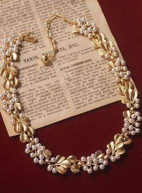 珍珠银杏叶复古单边镂空项链手工制作欧美婚礼【耳环有单独链接】