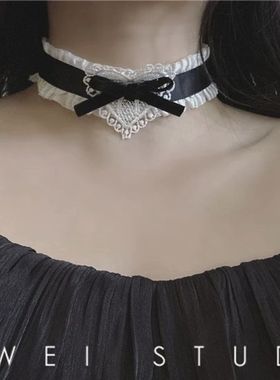 黑白洛丽塔)复古少女爱心蝴蝶结蕾丝颈带颈环黑色项圈lolita项链