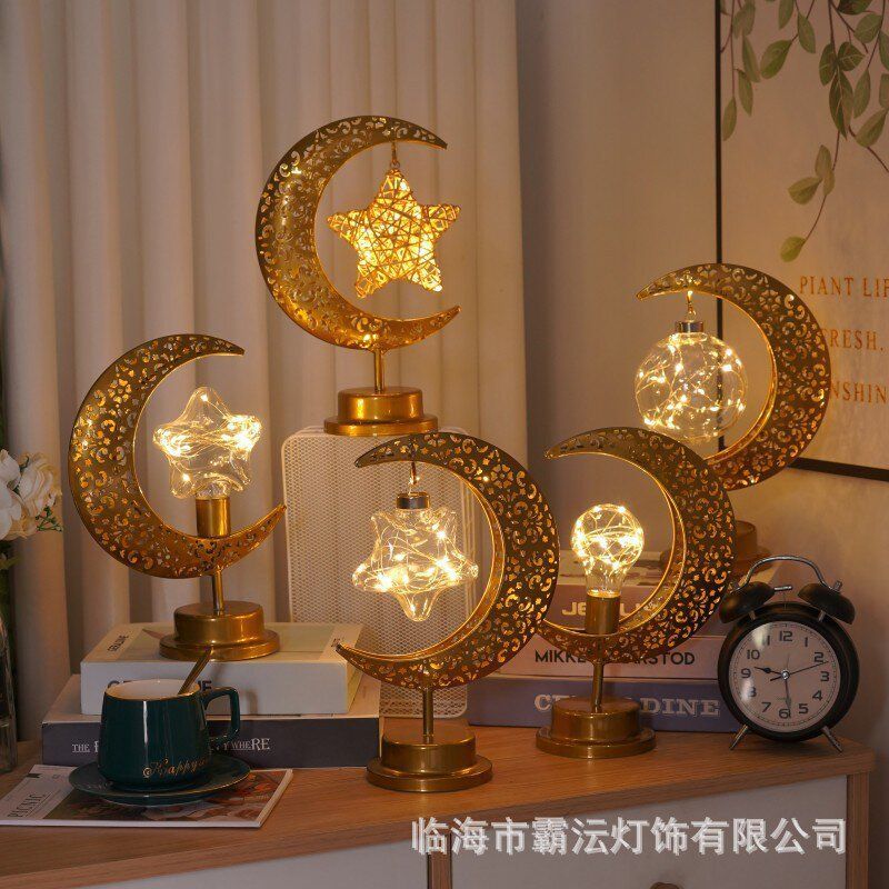 led新款铁艺灯星星月亮镂空编藤小夜灯房间氛围感装饰礼品小台灯