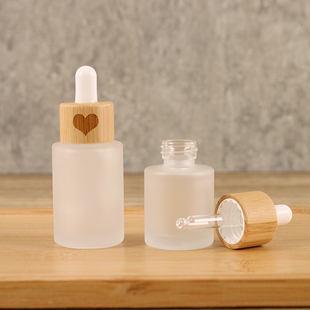 高档竹盖滴管瓶蒙砂玻璃精油瓶30ML美容院精华液化妆品分装瓶50ML