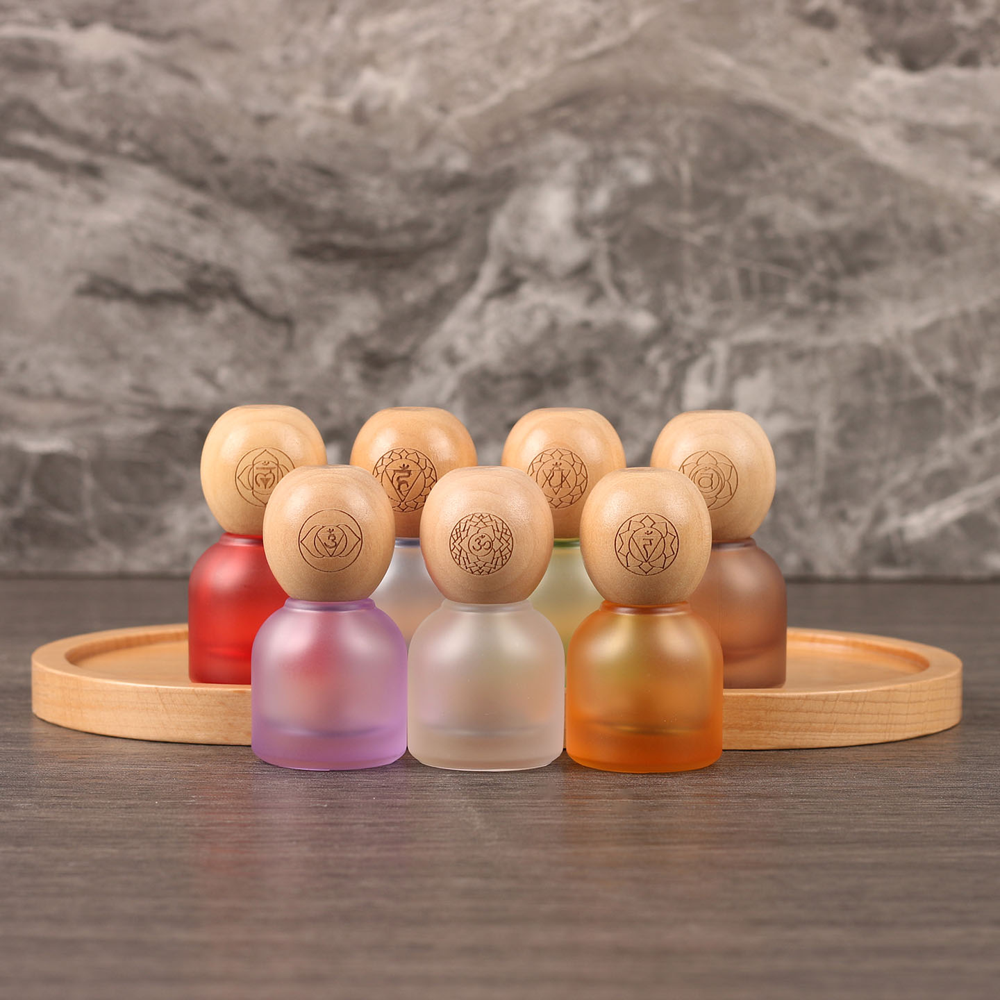 七色桃木盖玉石滚珠瓶10ml磨砂玻璃精油香水复配油分装小样空瓶