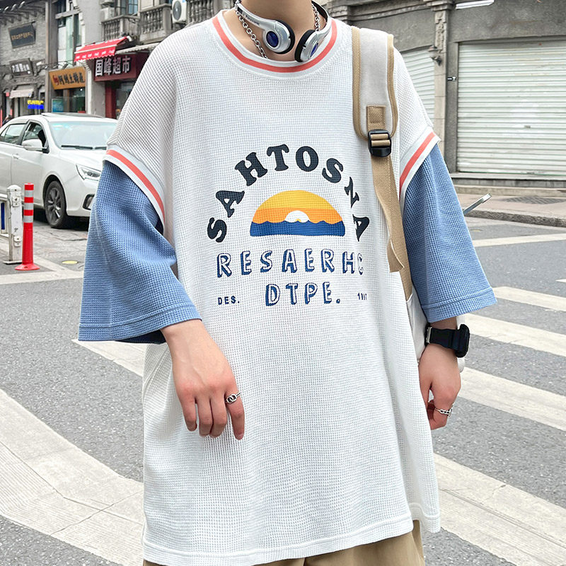 假两件短袖T恤男潮牌ins夏季港风宽松上衣服嘻哈半袖体恤T165,男装T恤,星座308B-2