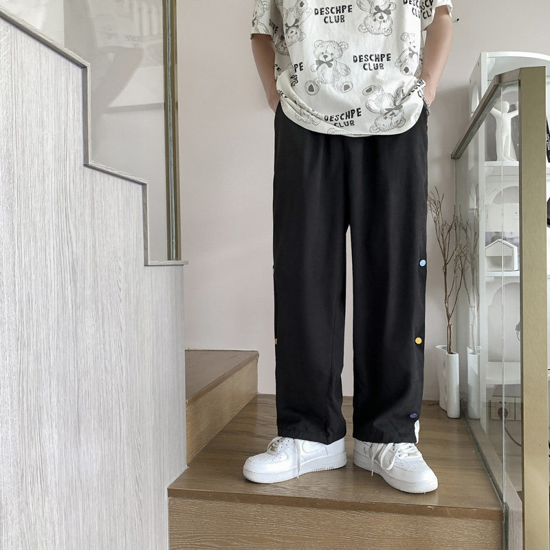 夏季薄款冰丝休闲裤男韩版直筒排扣裤九分抽绳束脚裤,男装休闲裤,星座308B-2