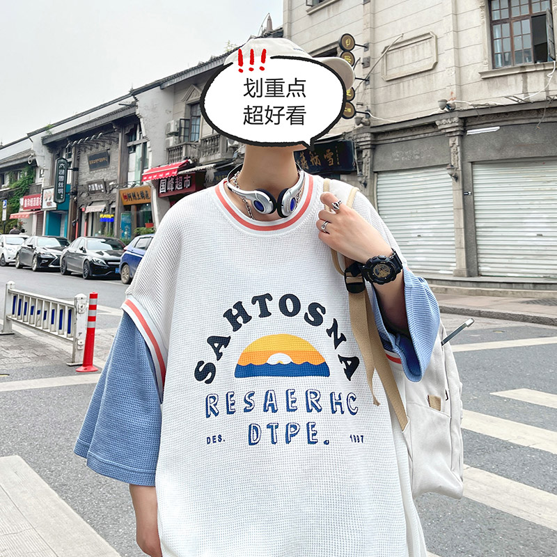 假两件短袖T恤男潮牌ins夏季港风宽松上衣服嘻哈半袖体恤T165,男装T恤,星座308B-2