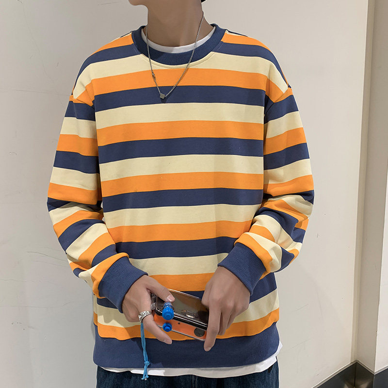 春秋卫衣男士圆领长袖宽松条纹上衣情侣百搭ins港风WY049图片