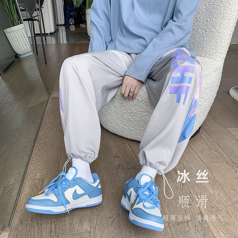 夏季薄款卫裤男港风宽松顺滑冰丝休闲裤ins九分束脚裤,男装休闲裤,星座308B-2