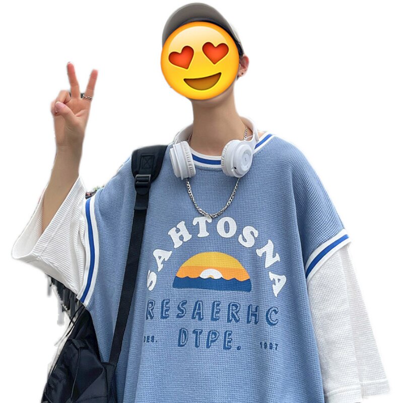 假两件短袖T恤男潮牌ins夏季港风宽松上衣服嘻哈半袖体恤T165,男装T恤,星座308B-2