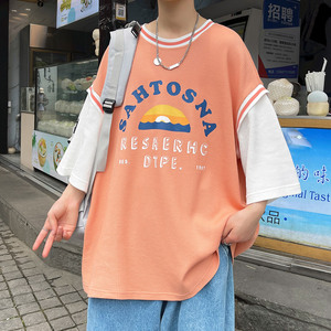 假两件短袖T恤男潮牌ins夏季港风宽松上衣服嘻哈半袖体恤T165