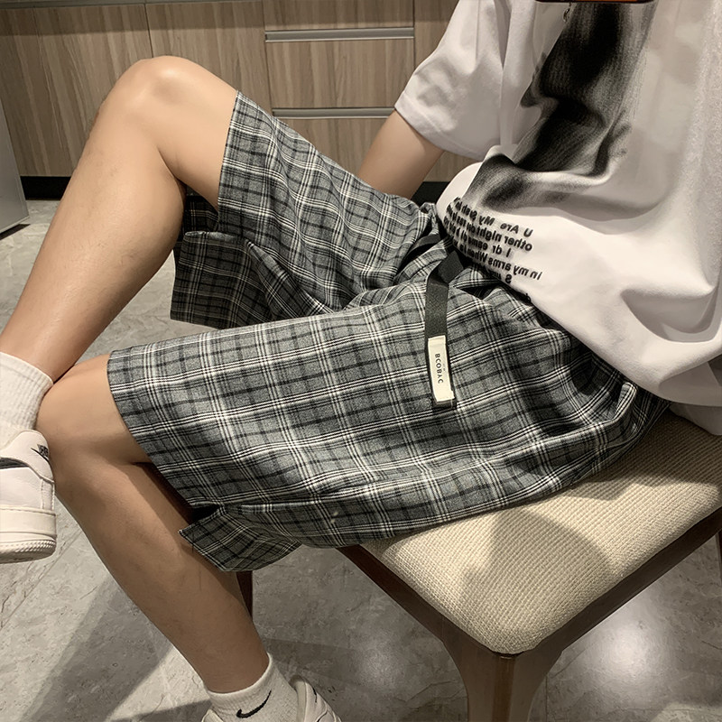 送腰带格子短裤子男潮牌ins夏季五分裤子韩版潮流宽松D,男装休闲裤,星座308B-2