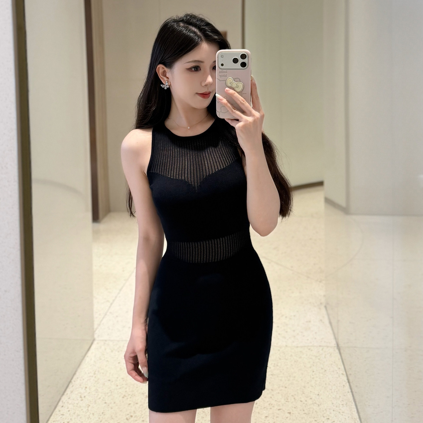 陈一丁Hele 小性感透视镂空针织连衣裙纯欲紧身弹力背心包臀短裙