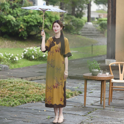 柑香素染【蝶韵】重工真丝香云纱中式改良旗袍文艺复古连衣裙夏女