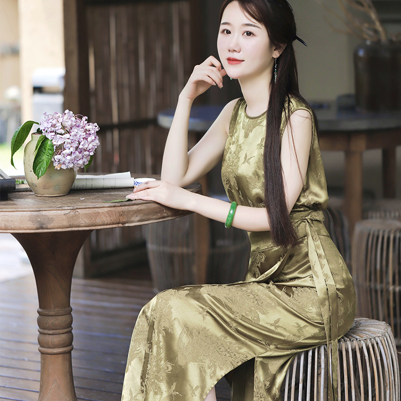 夜雨 天丝提花棉麻套装文艺复古一片式裹裙改良版中式高级夏季女