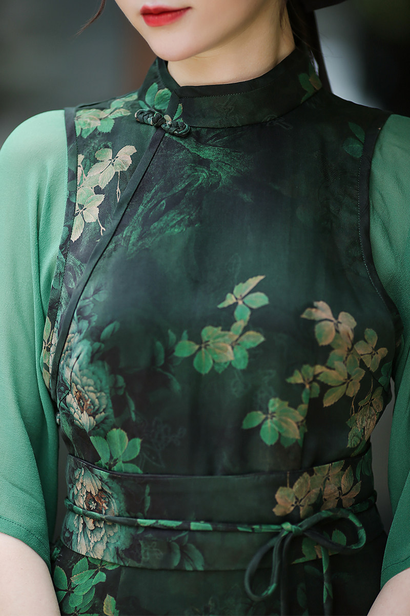 花眠 透孔罗真丝香云纱旗袍式连衣裙复古腰封拼接乔其纱气质长裙