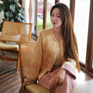 杏影 柑香素染天然丝麻提花棉衣轻国风中式盘扣短外套秋冬女款