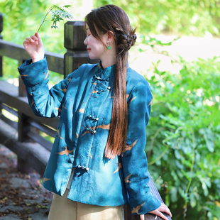 雀羽 柑香素染真丝缎面香云纱短外套中式羽绒服棉衣复古秋冬新款