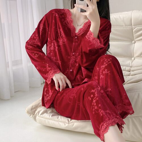 金丝绒红色蕾丝边提花轻奢睡衣女