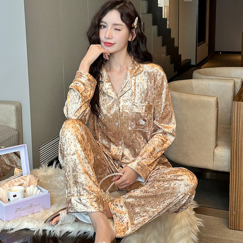 金丝绒金色波点KT猫翻领睡衣女款