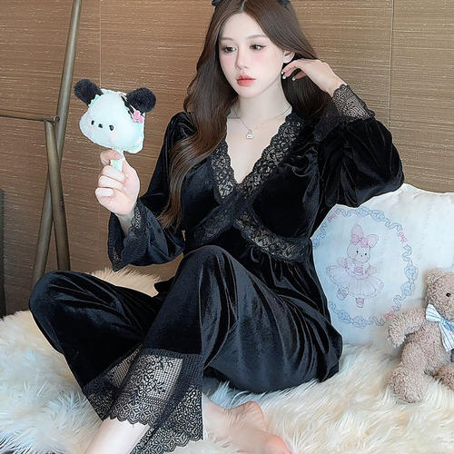 金丝绒性感纯欲蕾丝花边睡衣女款
