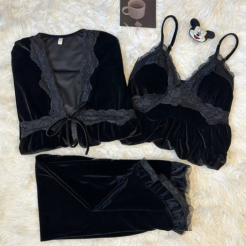 金丝绒黑色蕾丝边宫廷风睡衣女款