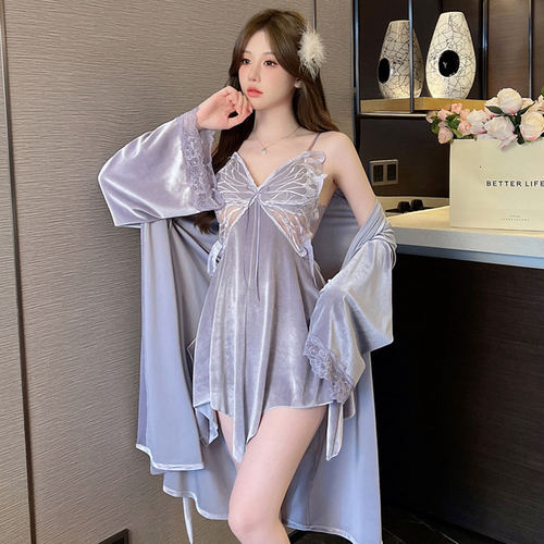 金丝绒紫色性感蕾丝边吊带睡裙女