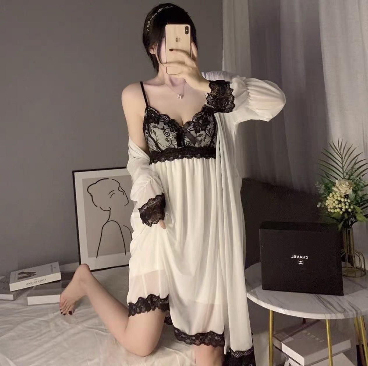 纯棉性感蕾丝吊带睡裙睡袍套装女图片