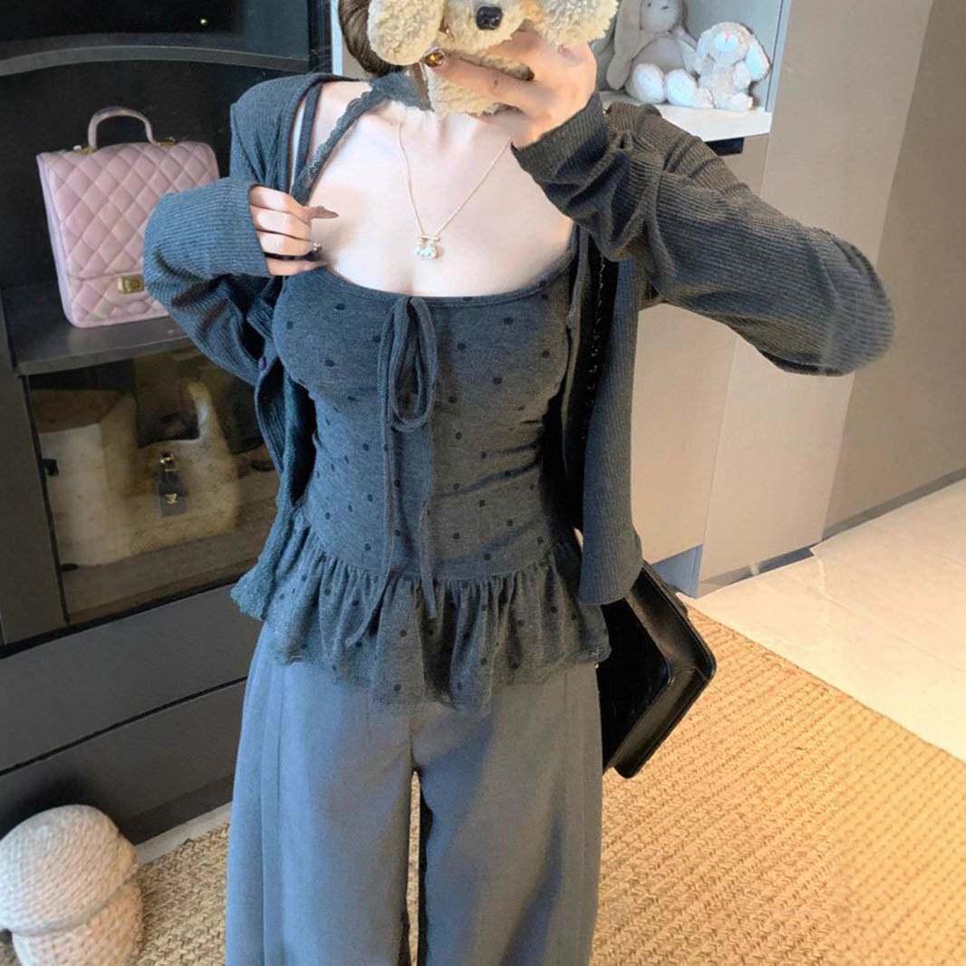 秋装韩系慵懒针织开衫吊带套装女