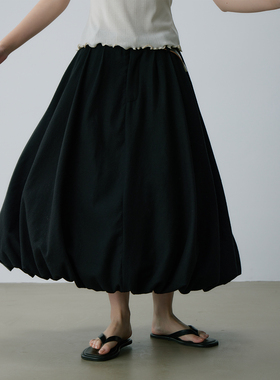 kani黑色棉麻法式超大摆花苞长裙垂坠感半身裙子冷淡系清冷感穿搭