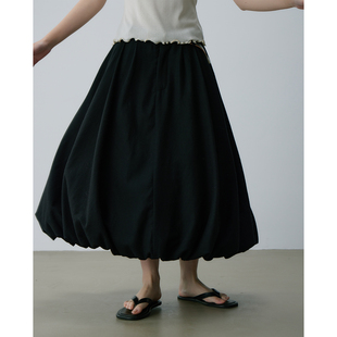 kani黑色棉麻法式超大摆花苞长裙垂坠感半身裙子冷淡系清冷感穿搭