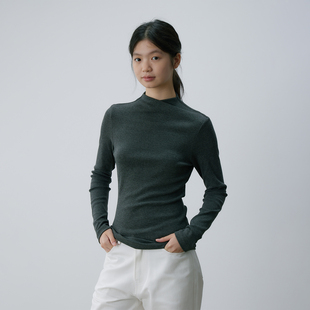 kani 深麻灰色交叉半高领正肩长袖t恤女修身收腰短上衣秋季打底衫