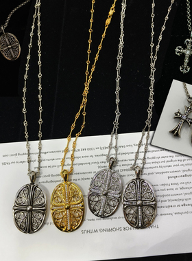 泰银蔓藤十字架镂空椭圆吊坠项链