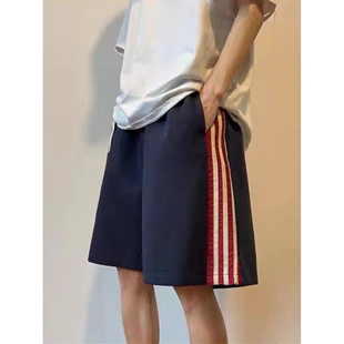 条纹直筒五分短裤 情侣高街运动中裤 女夏季 宽松高腰休闲裤 韩版 美式