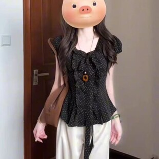 上衣休闲阔腿裤 2025夏季 黑色收腰衬衫 韩系减龄通勤时尚 两件套 新款