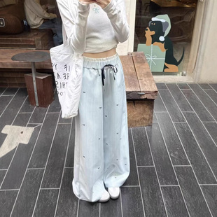 新款 女新品 高腰直筒休闲宽松长裤 蓝色条纹蝴蝶结阔腿裤