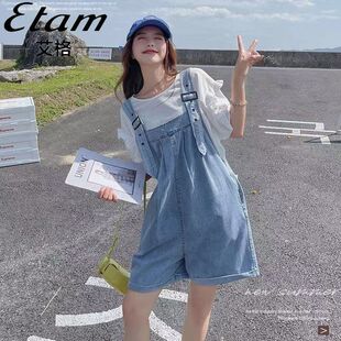 宽松显瘦连体阔腿裤 韩版 女ins百搭春夏2025新款 减龄牛仔背带短裤