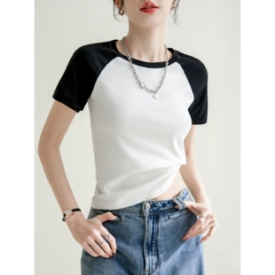 T恤女2026春夏新款 圆领短袖 韩系套头上衣 撞色修身 冰感棉插肩袖