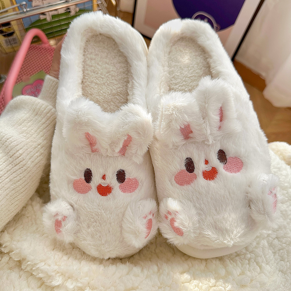 可爱兔子毛毛鞋男女冬季室内防滑保暖加绒棉拖鞋半包跟毛绒居家鞋