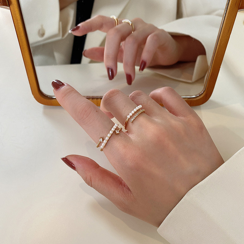 JAPANESE LIGHT LUXURY INDEX FINGER RING FEMALE COLOR GOLD PEARL ELEGANT INS COLD WIND DESIGN SENSE PERSONALITY OPENING ADJUSTABLE TIDE