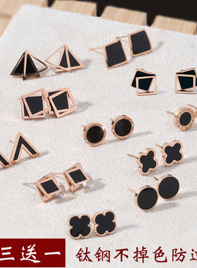 黑色钛钢小耳钉女气质韩国简约精致冷淡风耳饰2023新款ins潮耳环