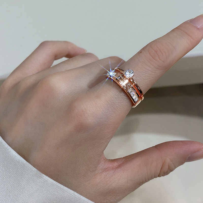 BIG ZIRCON TITANIUM STEEL DOUBLE-LAYER INDEX FINGER RING WOMENS LIGHT LUXURY FASHION HIGH-END SENSE OF PERSONALITY RINGS INS HIPSTERS COLD WIND
