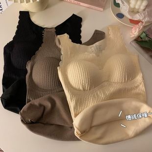 德绒保暖内衣女秋冬蕾丝加绒加厚背心带胸垫磨毛无痕发热打底衫
