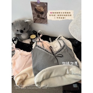秋冬加绒加厚带胸垫吊带背心女纯欲蕾丝修身 自发热打底内搭小上衣
