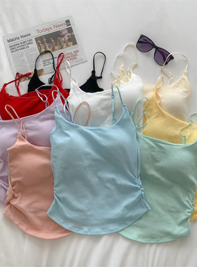 小清新纯欲风设计感褶皱带胸垫吊带背心女内搭外穿修身美背上衣夏