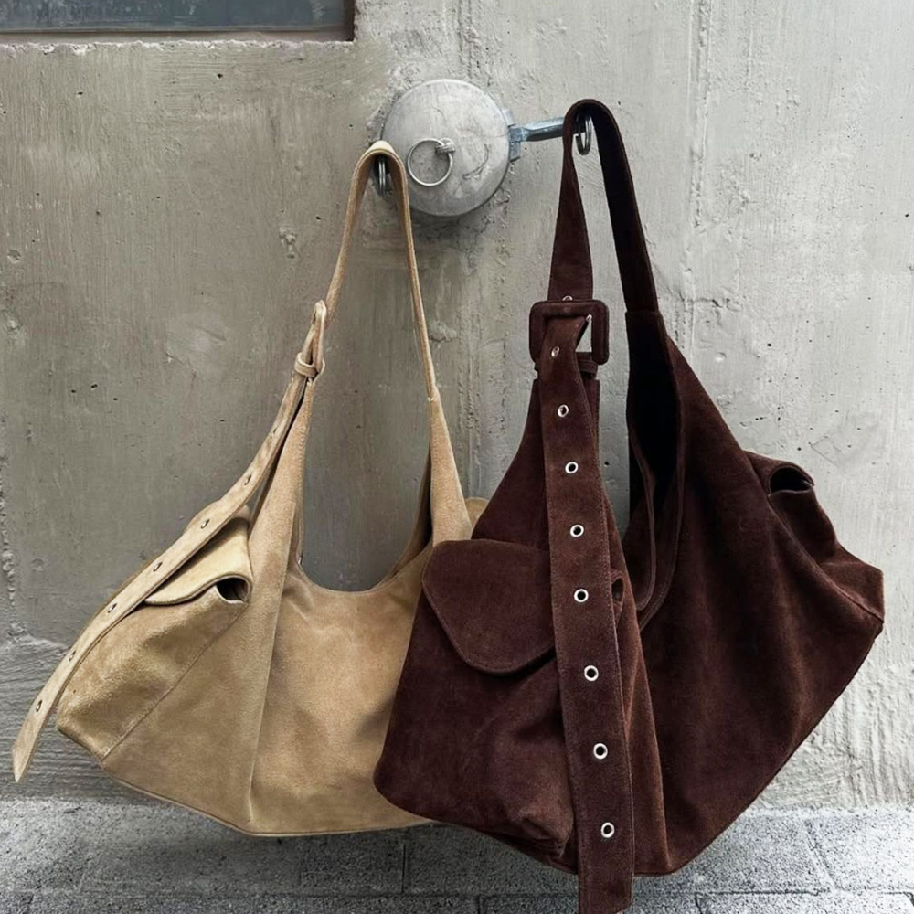 仿鹿绒皮懒人风大容量单肩包2025新款个性造型男女款宽肩带斜背包