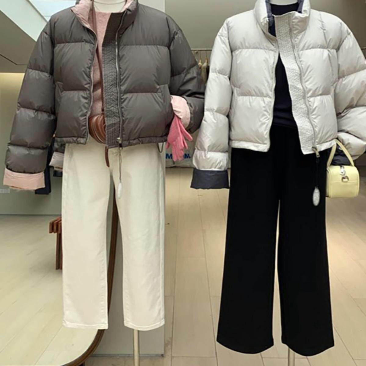 2024新款东大门撞色立领羽绒服女短款宽松韩版90白鸭绒加厚外套冬