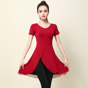 中长飘逸练功舞蹈服女莫代尔现代古典纱衣中国舞训练服装 新款 短袖