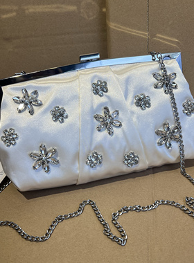 外贸英国原单绸缎轻奢高级感宴会包夹子包手拿包晚装包链条斜挎包