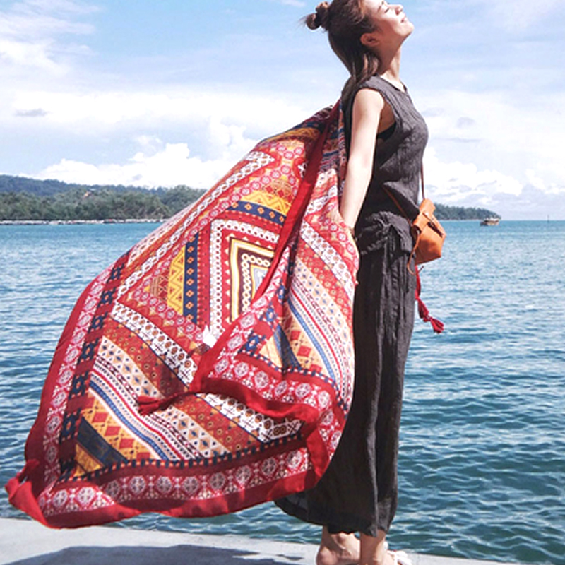 夏天沙滩巾大披肩防晒海边丝巾女民族风棉麻度假海滩围巾纱巾潮夏