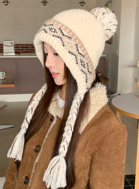 费尔岛提花护耳针织帽女冬季
