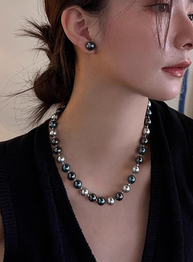 大溪地黑真多麻施家珍珠项链女小众轻奢秋冬串珠毛衣链高级感饰品